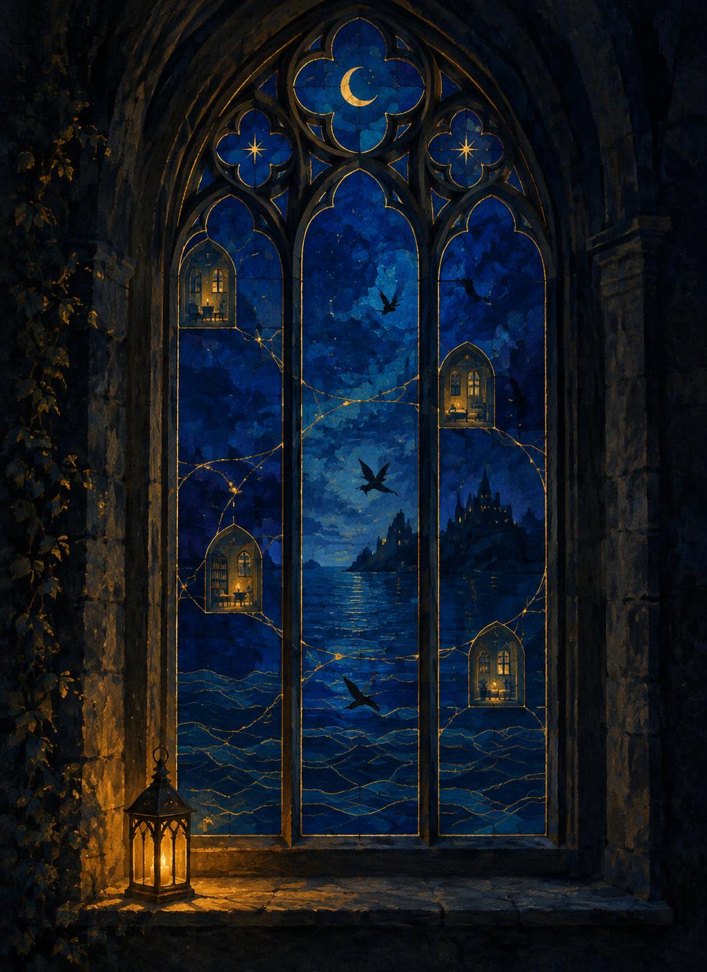 A cathedral window of blue glass at night with a lantern glowing on the sill